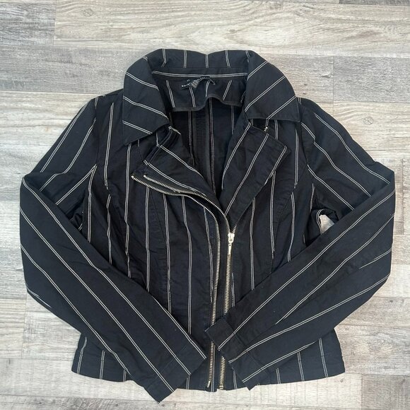 White House Black Market Washed Black Stripe Double Zip Moto Jacket B40 - Picture 1 of 7